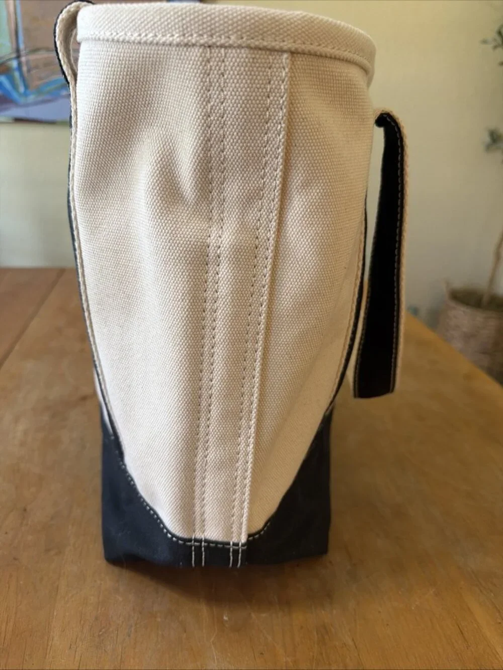 LandsEnd Canvas Pocket Tote Bag Natural Black Open Top Large Beach Pool Bag! - Picture 11 of 11